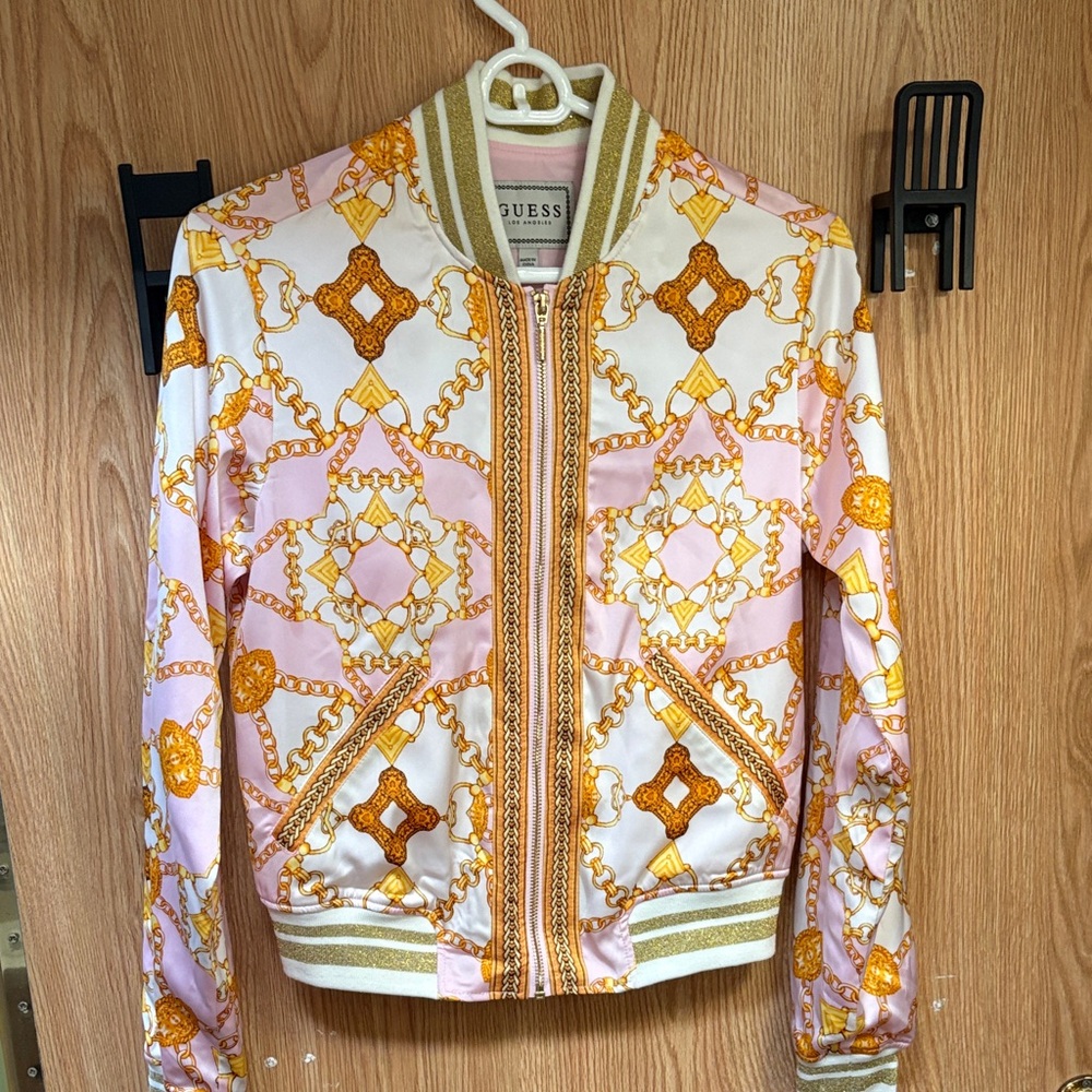 GUESS Rae Women's Pink and Gold Chain Print Bomber Jacket